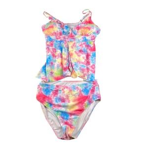 Womens Plus Size 1XL Tie‎ Dye Tankini Swimsuit Ruffle High Waist Bikini Set 657